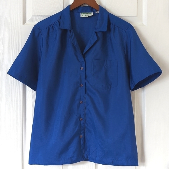 Silkhana by Lady Manhattan 80's Vintage Short Sleeve Button Down Shirt Blue 14 - Picture 1 of 12